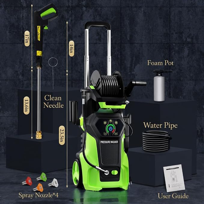 𝟓𝟎𝟎𝟎𝐏𝐒𝐈 𝐏𝐫𝐞𝐬𝐬𝐮𝐫𝐞 𝐖𝐚𝐬𝐡𝐞𝐫 Cleaner, Portable Car Washer with 4 Quick Connect Nozzles, Foam Cannon (Green)