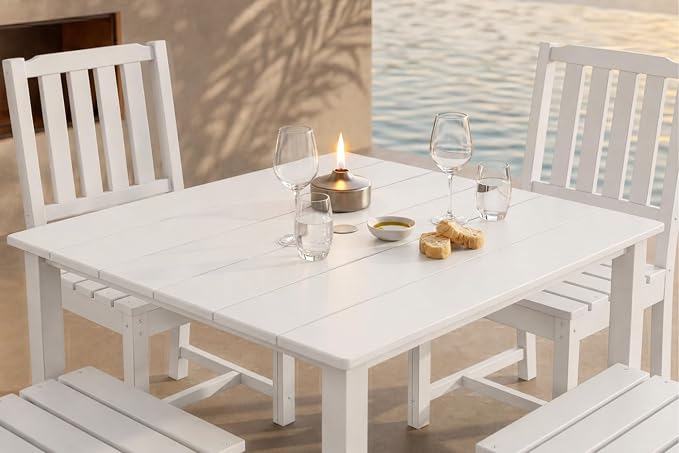 HDPE Outdoor Dining Set for 4, Square Table & Chairs Set | • All-Weather Polywood Composite • 410 lbs Heavy-Duty Support • Built-In 2" Umbrella Hole • Easy Soap-Water Wash