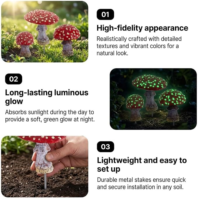 3PCS Glow in The Dark Mushroom Miniature Resin Mushroom Decor for Fairy Garden Mini Mushroom Statue for Outdoor Garden Bonsai Terrarium Decorations