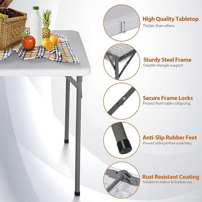 Folding Event Table, Heavy Duty Picnic Table Indoor Outdoor Camping, 3FT Portable w Handle Lock for Banquet, White