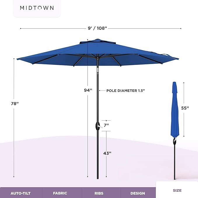 Midtown Umbrellas – The Lean 9 Ft Patio Umbrella with 10-Year-No-Fade Acrylast Acrylic Fabric, Auto-Tilt and 8 Reinforced Ribs for Deck, Pool, Garden, Hotel & Cafes – Deep Atlantic Canopy, Black Pole