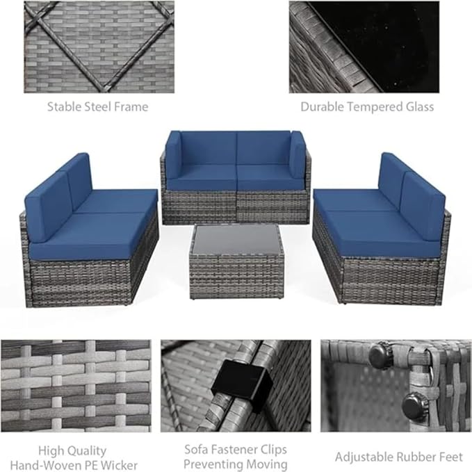 U-MAX 7 Piece Outdoor Patio Furniture Set with 30 Inch Fire Pit Table, PE Rattan Wicker Sofa Set, Outdoor Sectional Furniture Chair Set with Cushions and Tea Table, Grey Rattan&Dark Blue Cushion