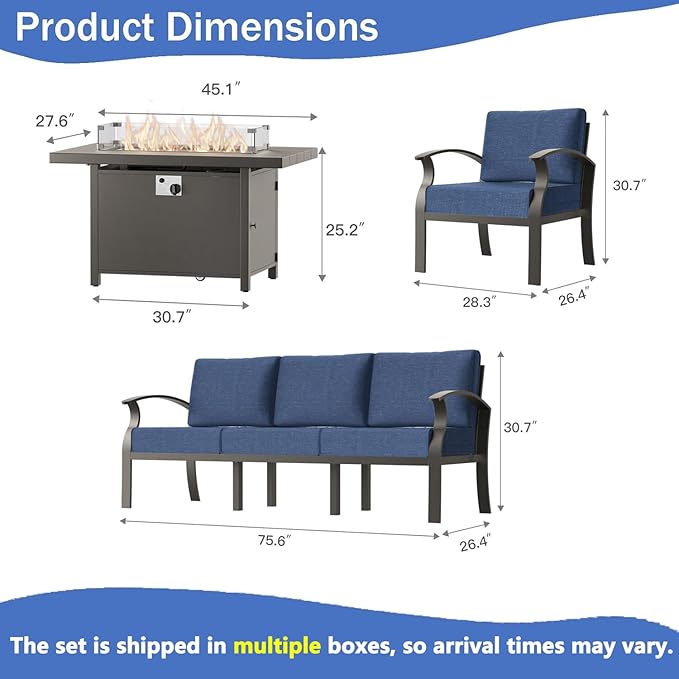 Aluminum Outdoor Patio Furniture Set,5 Pieces 8 Seats Patio Conversation Sets with 45" Propane Fire Pit Table,Metal Patio Sectional Furniture Set w/5.1" Cushions for Deck,Backyard,Navy Blue