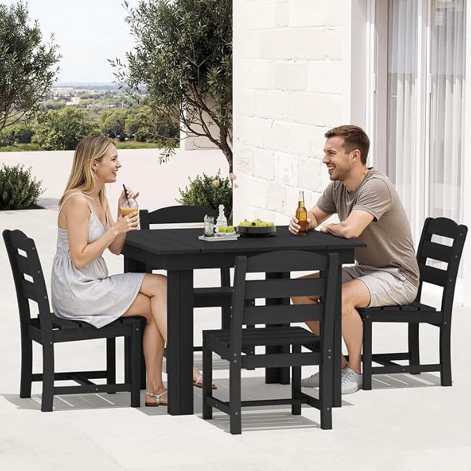 KINGYES 8-Piece HDPE Outdoor Dining Set for 6, Square Patio Table & Armless Chairs with Umbrella Hole, All-Weather Patio Dining Set for Backyard, Garden, Lawn & Poolside, Black