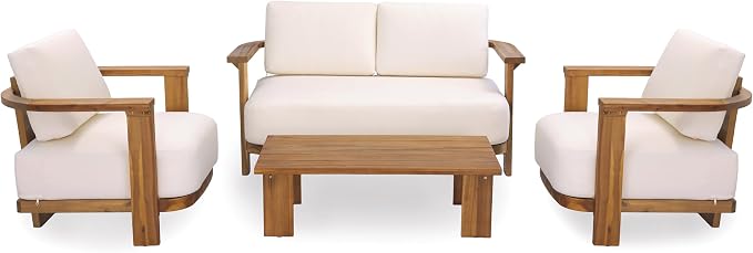 Christopher Knight Home Stella Acacia Wood 4 Piece Patio Furniture Set, Wooden Patio Conversation Set with Club Chair+Coffee Table, 4-Seater Outdoor Loveseat Sofa + Armchair and Table Set, Teak+Beige