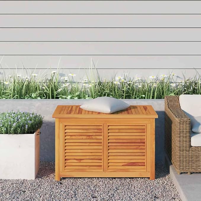 35.4 Inch Long Teak Storage Box with Louvered Door Outdoor Storage for Garden Tools and Cushions, Solid Teak Wood Garden Box for Patio and Balcony