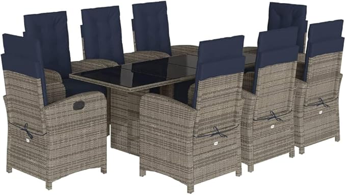 Backyard Furniture Patio Conversation Sets Outdoor Seating 9 Piece Patio Dining Set with Cushions Gray Poly Rattan Suitable for Gardens, Balconies, Decks