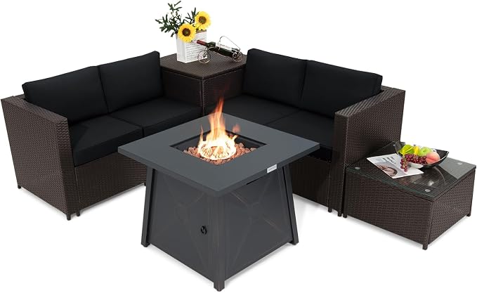 Tangkula 5 Piece Patio Furniture Set with 50,000 BTU Propane Fire Pit Table, Outdoor Wicker Conversation Set w/Cushions, Storage Box and Tempered Glass Coffee Table, 30" Gas Fire Pit Table (Black)