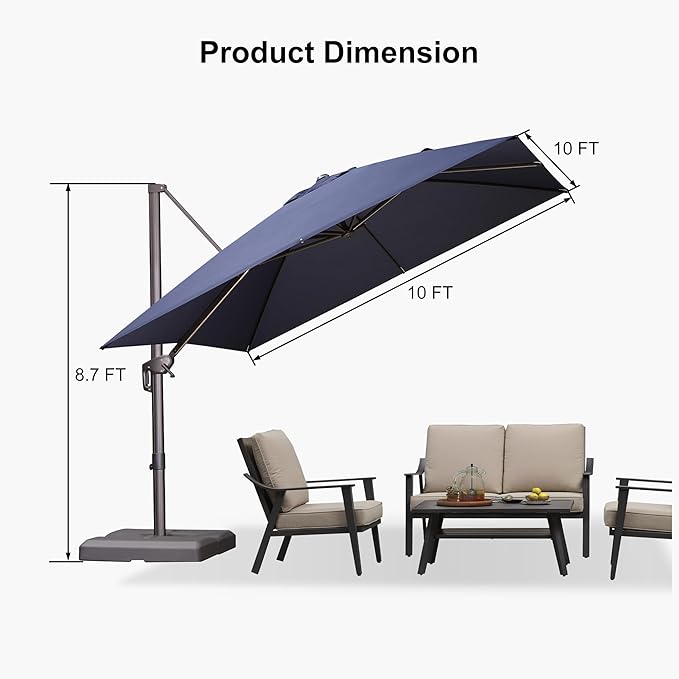 PURPLE LEAF 10' X 10' Patio Cantilever Umbrella with Base Included Antique Bronze Square Outdoor Umbrella with 360° Rotation and Aluminum Offset Hanging for Garden Backyard Pool, Navy Blue