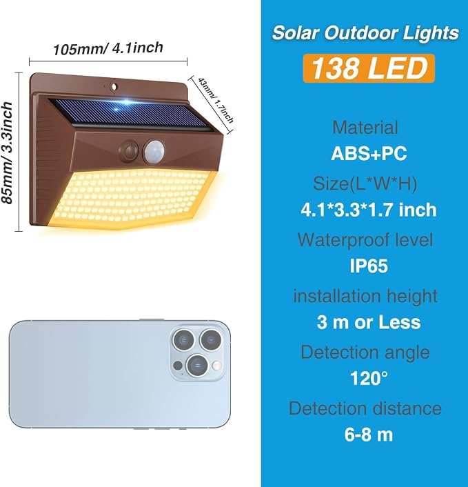Solar Outdoor Lights, [8 Packs] Motion Sensor Security Lights with 3 Lighting Modes Wall Lights Waterproof Solar Powered Lights for Garden Yard,Brown White