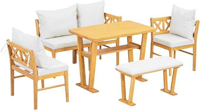 5 Pieces Wood Patio Furniture Set, Wood Outdoor Conversation Set with Bench, Loveseat, 2 Armchairs & Table, Natural+White