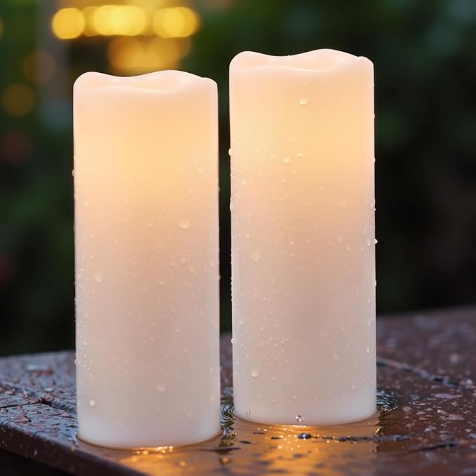10" 10" × 4" Large Outdoor Candles with Timer Waterproof, Battery Operated Outdoor Candle Lantern Flickering LED Pillar Candles 2 Pack for Patio Porch Garden Home Decor, Cream White