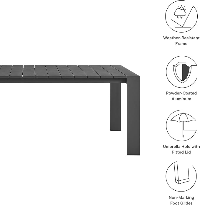 Modway Tahoe Outdoor Patio Powder-Coated Aluminum 9-Piece Dining Set in Gray Gray - Rectangular Patio Furniture Set for 8 - Outside Table with Umbrella Hole and Cushioned Chairs - Modern Patio Set