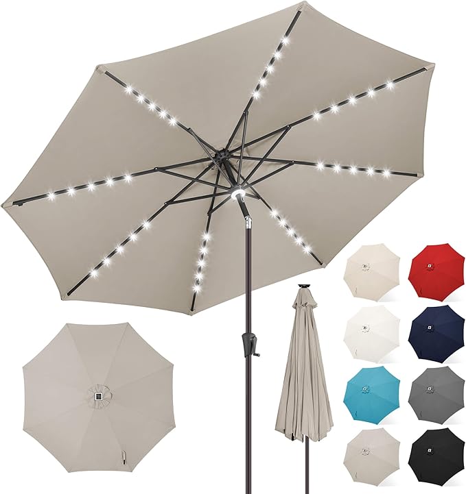 FLAME&SHADE 10 FT Solar Light Patio Umbrella, 40 LED lights outdoor umbrella with Centre Surround Light, Table Market Umbrella for Deck, Pool, Porch, Backyard, Garden, UV Protection, Taupe