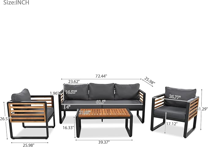 LUMISOL 4 Pieces Patio Furniture Set, Outdoor Sofa Set with Metal Frame and Removable Cushions, Patio Conversation Set for 5 Persons, Thick Cushions, Acacia Wood Tabletop, Grey