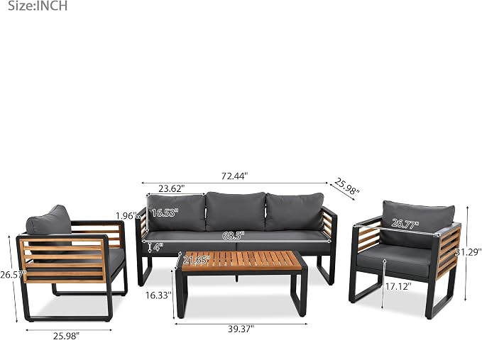 Large 4-Piece Outdoor Furniture Sofa Conversation Set for 5 Person, Garden Sofa with Removable Cushions, Metal and Wood Frame, Acacia Wood Tabletop in Gray