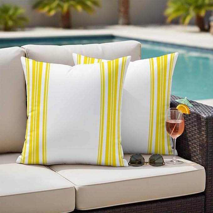 Outdoor Waterproof Throw Pillow Covers Set of 2 Yellow Stripes Pillowcases 26x26 Inches White Vertical Striped Decorative Pillows Cushion Case Patio Pillows for Couch Bed Chair Garden