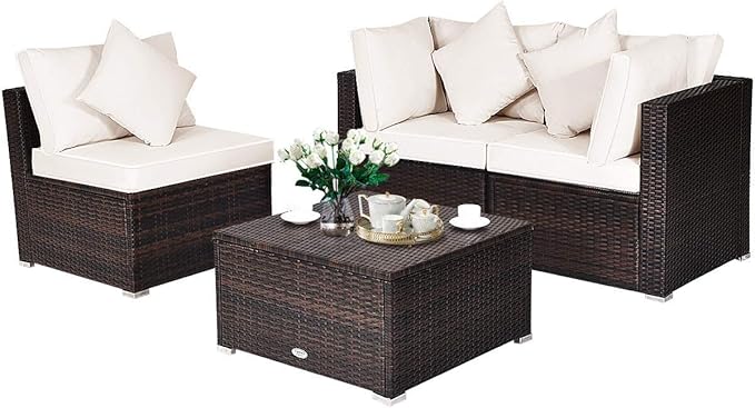 HAPPYGRILL 4 Pieces Patio Conversation Set Outdoor Wicker Sofa Set, Modern Sectional Couch Set with Washable Cushions & Pillows, All Weather PE Rattan Patio Furniture Set (Beige)