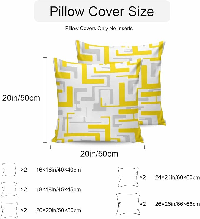 Geometric Outdoor Pillow Shams Set of 2, Decorative Pillowcases Cushion Case, Soft Throw Pillow Covers Waterproof Pillow Case 18x18 Inch, Abstract Lines Yellow Gray Modern Art
