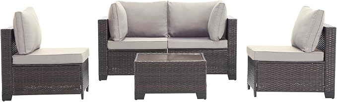 CANMOV 5 Pieces Patio Furniture Sets, All Weather Outdoor Patio Conversation Set, PE Wicker Rattan Sectional Sofa Couch with Glass Coffee Table and Washable Cushions for Backyard Garden, Porch, Khaki