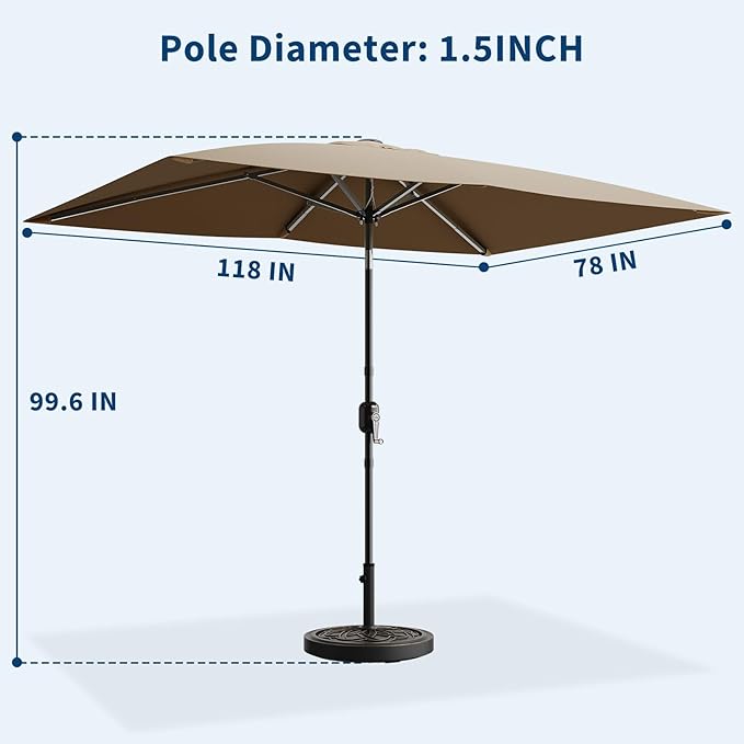 Garvee 10' x 6.5' Rectangular Patio Umbrella, Outdoor Table Umbrella with Crank and Push Button Tilt, Market Umbrella Sun Umbrella with 6 Sturdy Ribs Tilt for Garden, Deck, Lawn, Pool -Tan
