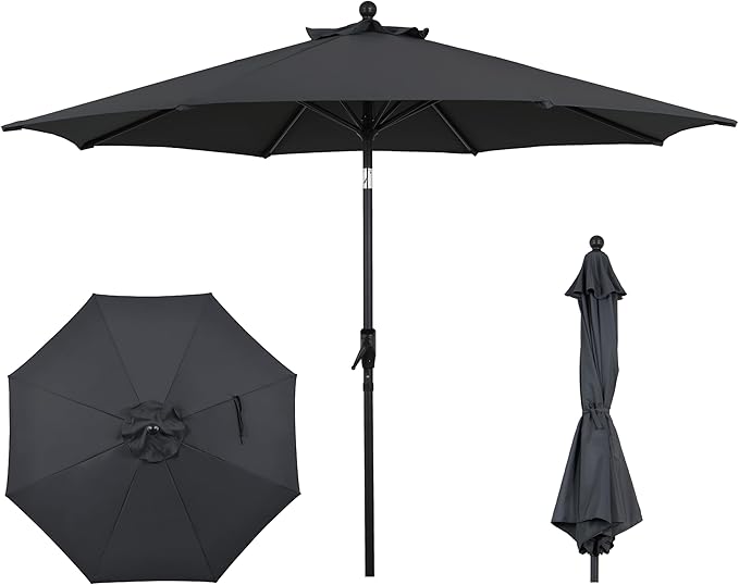 9FT Outdoor Patio Umbrella with Crank Lift & Auto Tilt - Market Umbrella, 8 Heavy-Duty Ribs, UV Resistant & Water-Repellent for Garden, Deck, Poolside & Backyard