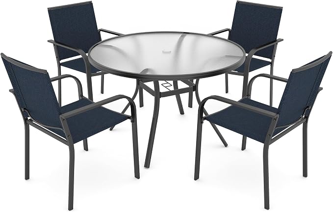 Anmutig 5-Piece Outdoor Patio Dining Set, 40-Inch Round Glass Table with 4 Stackable Chairs,Navy