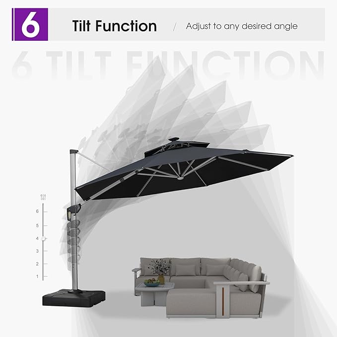PURPLE LEAF Cantilever Umbrella with Base 13ft Outdoor Round Patio Solar Powered LED Umbrella with 360-degree Rotation for Garden Deck Pool Patio, Grey