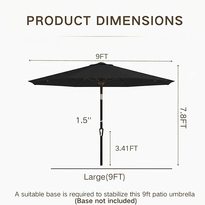 Kingdura 9FT Outdoor Patio Umbrella with Solar Lights, Market Table Umbrella with Push Button Tilt & Crank, 8 Sturdy Ribs, 32 LED Lights, UV Protection for Garden Lawn Deck Backyard Pool (Black)