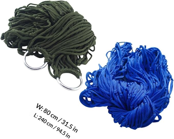 Veemoon 2pcs Outdoor Nylon Rope Hammocks with Nylon Mesh, Portable Travel and Camping Swing Beds in Blue and Army Green for Patio, Backyard, and Outdoor Hanging Use Random Color
