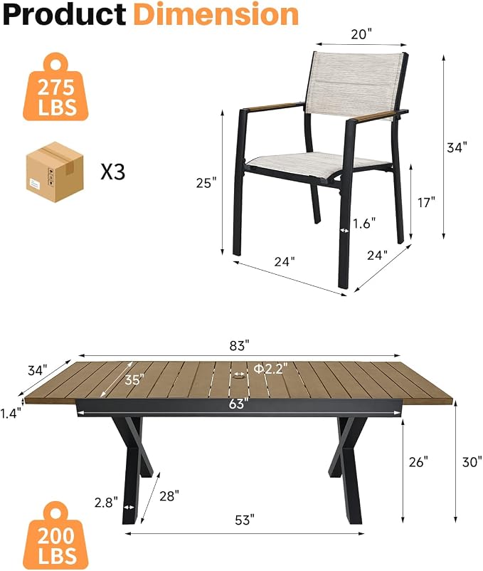 9-Piece Expandable Patio Dining Set, 8 Stackable Double-Layer Textilene Chairs and 63''-83'' Expandable Patio Dining Table, Never-Rust Aluminum Outdoor Dining Table Set for Deck, Indoor, Teak
