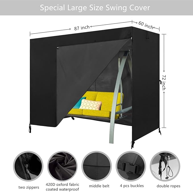 Patio Swing Cover - 3 Seater Hammock Glider Chair, Outdoor UV Resistant, Waterproof - 87L x 60D x 72H Inch