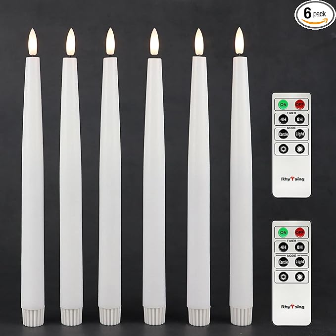 Rhytsing 11.4" Flameless Taper Candles with Timer Function, Battery Operated Dinner Tall Candlestick Rustic Wax, Warm White LED, 2 Remotes Included - Set of 6 (White)