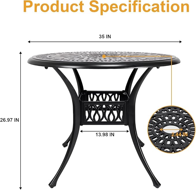 35" Outdoor Patio Table Cast Aluminum Dining Table,All Weather Metal Bistro Round Table with 2.4" Umbrella Hole for Garden,Backyard,Porch,Balcony,Black