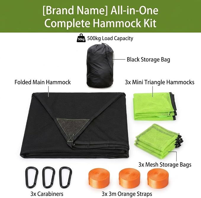 Multi-person triangular hammock, aerial camping hammock, suspended type, suitable for outdoor adventures, hiking, backyards, and gardens, includes straps, buckles, and storage bag (Black, 110in*110in)