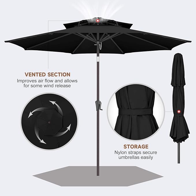 Jarka&Co 9ft Patio Umbrella Outdoor - 2 Tiers Table Outdoor Umbrella with Push Button Tilt Waterprool UV Protection, Sun Umbrella for Pool, Porch, Garden, Deck, Backyard (Black)