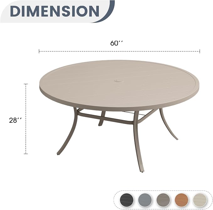 VICLLAX 60" Outdoor Round Patio Dining Table for 8-10, All Weather Metal Dining Table with Umbrella Hole for Deck Lawn Garden Backyard, Sandshell