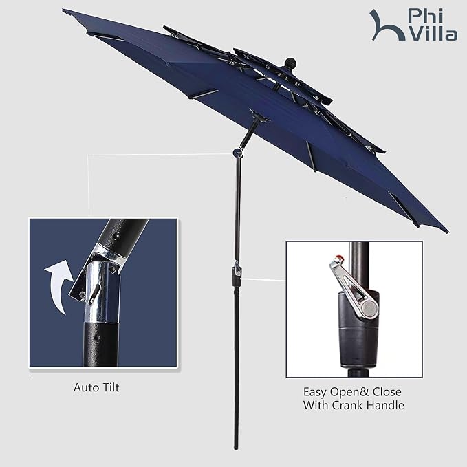 PHI VILLA Outdoor Table Chairs Set w/Umbrella, 5pc Patio Metal Furniture | 37" wrought iron square table w/ polywood top & stackable chairs for 4. 10ft blue umbrella. Dining set for deck, porch