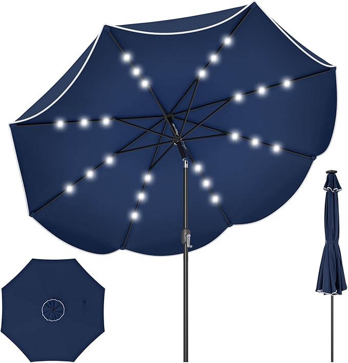 Tangkula 9 FT Solar Patio Umbrella, 2-Tiers Outdoor Scalloped Table Umbrella with 24 LED Lights, Tilt Adjustment, Crank, 8 Ribs for Market Backyard Pool Deck Beach Lawn