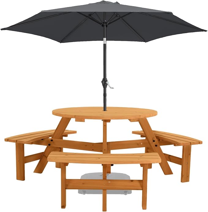 VINGLI Wood Picnic Table Outdoor Round Picnic Table with 7.5ft Umbrella and 4 Built-in Benches, Outdoor Dining Tables and Chairs 550 LBS Bench Capacity (Gray, Square)