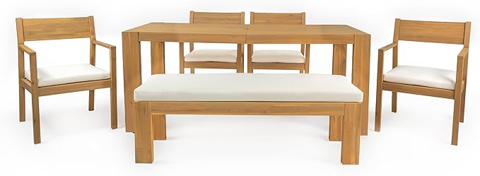 Merax 6-Piece Patio Dining Set with Bench & Chairs, Acacia Wood Table with Umbrella Hole, Outdoor Furniture Set with Removable Cushions, Rustic Garden Dining Set for Backyard, Poolside, Light Teak