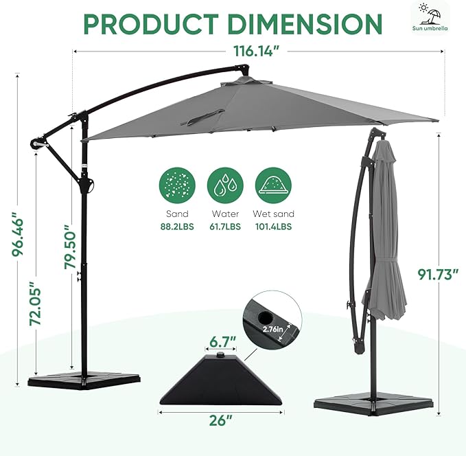 NEWBULIG 10FT Patio Umbrella, Offset Cantilever Outdoor Patio Table Umbrella, UV Protection, Fade Resistant Fabric, Easy Tilt Adjustment for Deck, Pool, Backyard, Garden