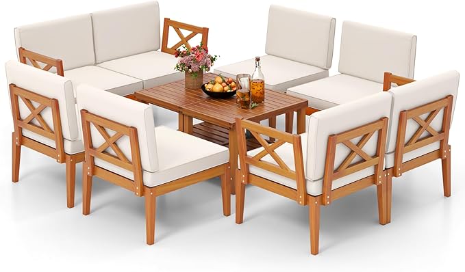 Tangkula 10 Pieces Acacia Wood Patio Furniture Set, Outdoor Sectional Conversation Set with Cushions and 2-Tier Coffee Table, Outdoor Bistro Furniture Set for Garden, Backyard