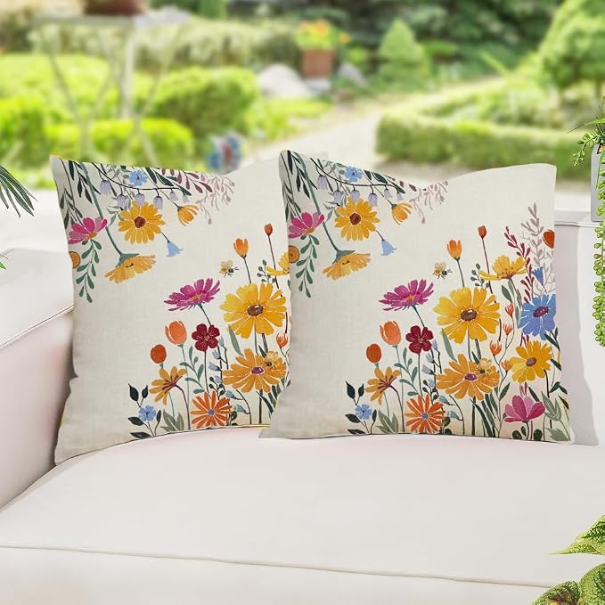 RABUSOFA Spring Summer Pillow Covers Waterproof 18x18 Inch Yellow Outdoor Decor Decorative Pillows for Couch Yellow Flower Daisy Floral Farmhouse Pillowcase for Patio Balcony Sofa Set of 2