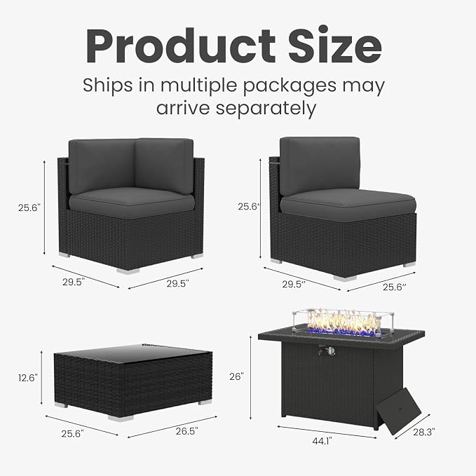 10 Pieces Patio Furniture Set with 44" Propane Gas Fire Pit Table, Outdoor Sectional Wicker Conversation Sofa Sets with Coffee Table