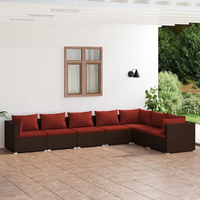 7 Piece Patio Lounge Set with CushionsOutdoor Dining Chairs,Patio Furniture Set,Outdoor Sectional Sofa,Patio Conversation Seat,Outdoor Seating,Modern Style,for Garden,Backyard, Poly Rattan Brown