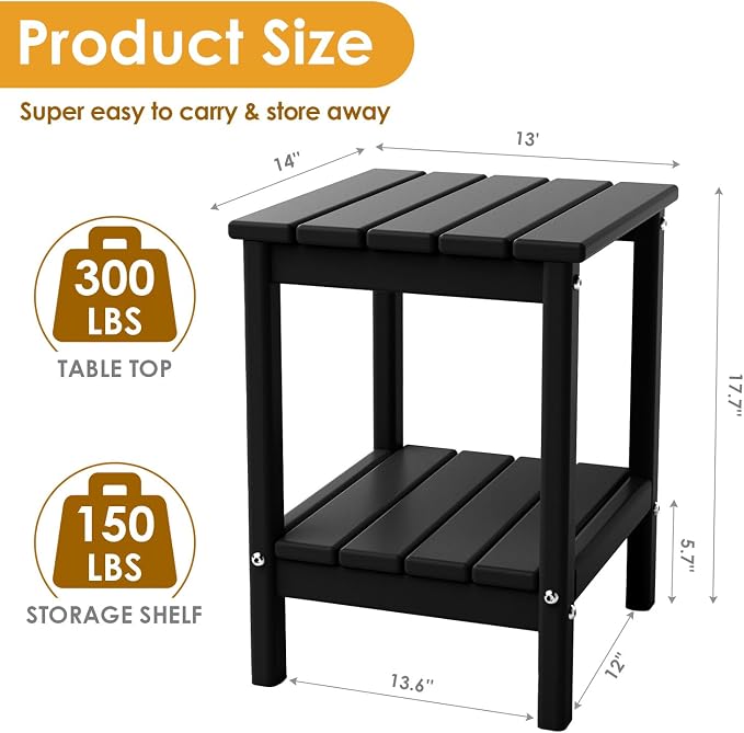 IVY&LANE Adirondack Outdoor Side Tables Set of 2 | HDPE Plastic | Patio End Table with Storage | 2-Shelf | Weather Resistant | Black | 14 x 13 Inches | for Outside Porch Backyard Indoor