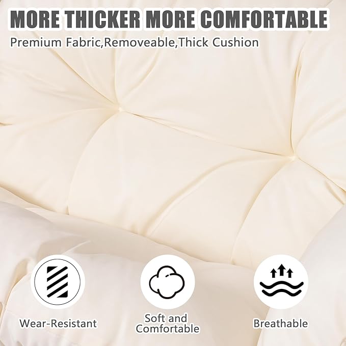 Double Egg-Shaped Hammock Chair with Stand Swing Egg Chair, Wicker Hanging Chair with Washable Cushion Sturdy Metal Stand, 600lbs Capacity for Indoor Outdoor Patio Living Room Etc(White+White)