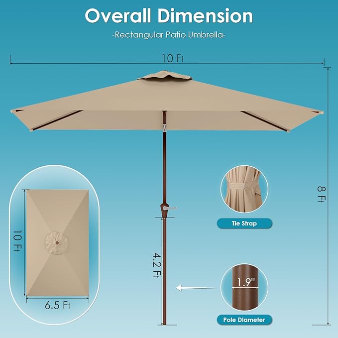 GREENVINES 6.5X10 FT Rectangular-Patio-Umbrella | Outdoor-Table-Umbrellas | 6 Sturdy Steel Ribs | Push Button Tilt & Crank | Waterproof | Market Umbrella | for Pool Backyard Garden Deck | Tan