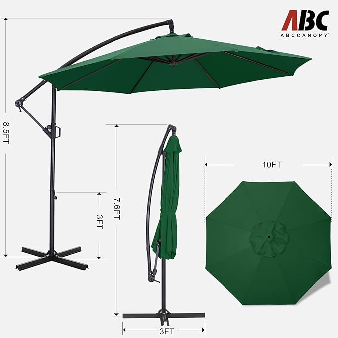 ABCCANOPY 10FT Cantilever Patio Umbrella with base included, 360° Rotation Outdoor Offset Umbrella for Backyard, Deck, Poolside (Green)
